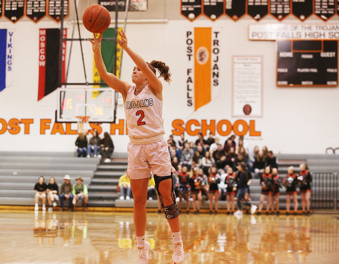 Post Falls’ Lexi Heath shoots a 3-pointer during Friday night’s game against Lake City.