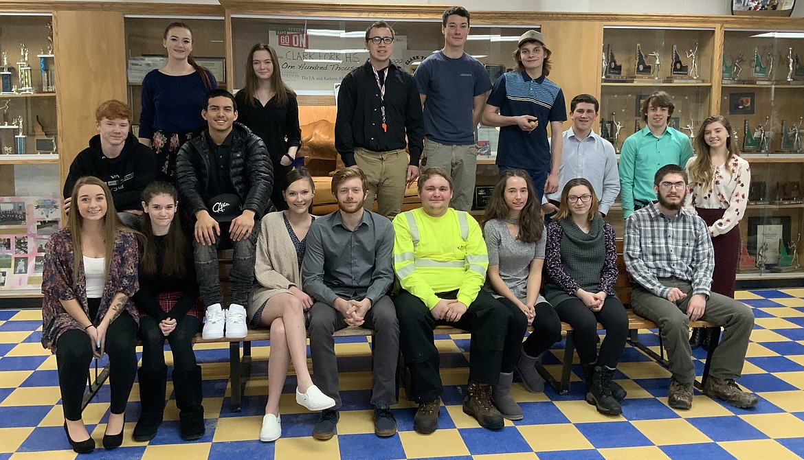 Clark Fork High School seniors pose for a photo. Pictured in the back row, from left, are Isaac Steele, Leslie Montgomery, Denzel Kailing, Rebekah Thompson, Mark Bouse, Chuck Henderson, Eli Englehart, Dillon Robinson, Paul Bopp, and Rebecca Nielsen. Pictured in the front row, from left, are Abbie Anderson, Madison Hewitt, Madeline Reuter, Josh Constantin, Charlie Abbott, Sara Hathaway, Jacqueline Sweeney, and Lucas Decker. Not pictured is Aleehia Valliere.