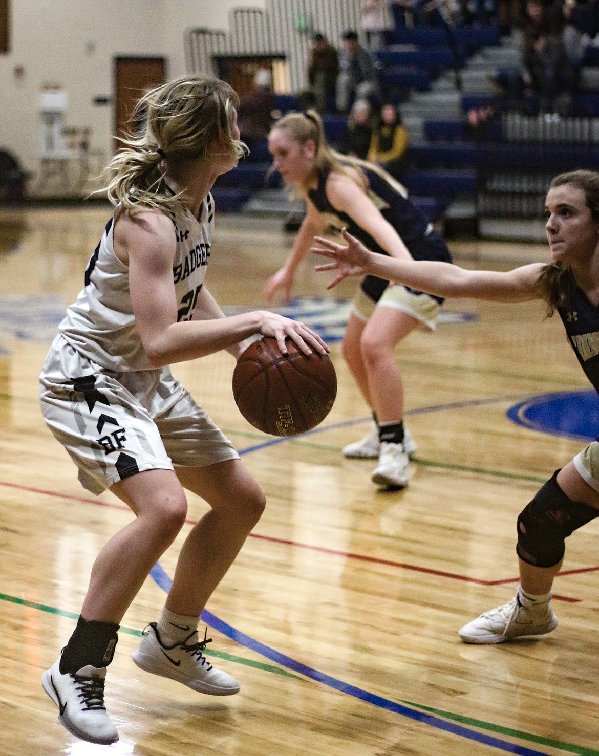 Emma Pinkerton looks for an opening during the Badgers’ Jan 30 home game against Timberlake. The Tigers won, 56-36.