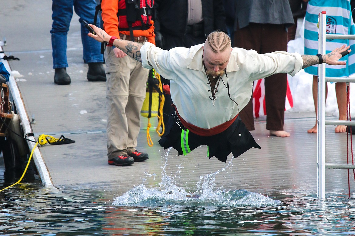 NBVFD Firefighter of the Year, Tom Chaney, enthusiastically taking part in the Penguin Plunge in 2019, which raises money for the Special Olympics.