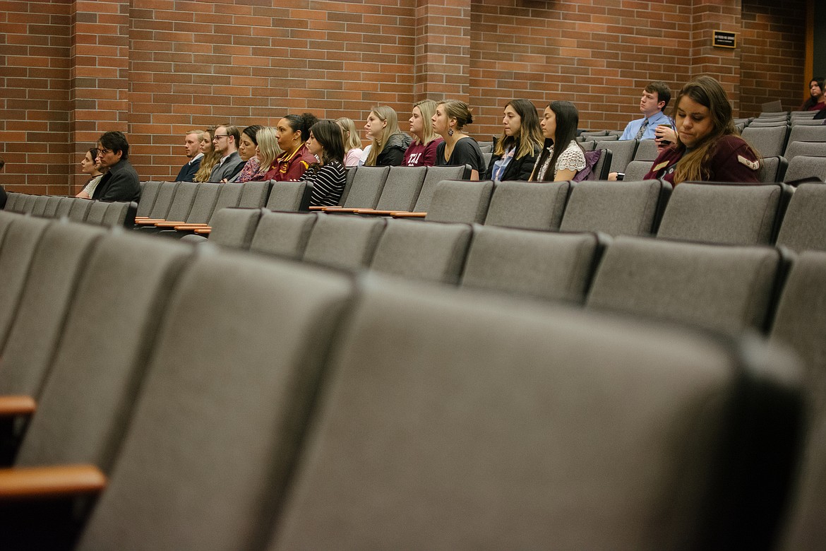 Students and the general public listen as Jennifer and Kevin Zielenski present information about human trafficking. "Law students are in a position to help and to advoacate for victims of human trafficking," Ryan Lindig, a University of Idaho Law student, said. Lindig was instrumental in bringing the training to Moscow. (Photo by Richard Pathomsiri/The Argonaut)