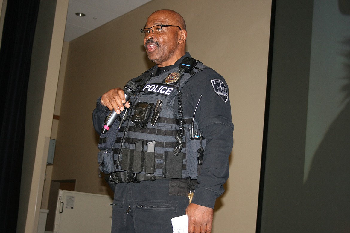 Cheryl Schweizer/Columbia Basin Herald 
  
 Moses Lake Police Department animal control officer Lucky Atkins provided answers to audience questions at the annual 'Spay-ghetti' dinner. Saturday night's fundraiser was a benefit for Grant County Animal Outreach.