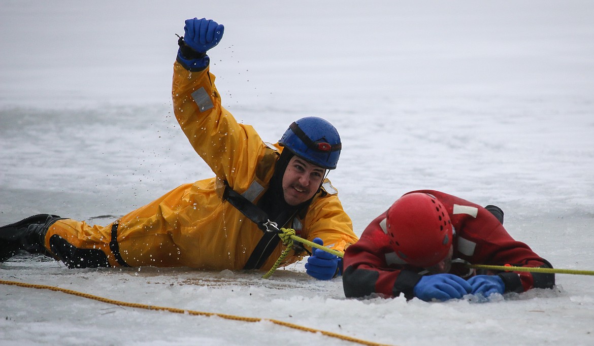 Volunteer firefighters, including several from Northside Fire District, spent a day in and on a frozen lake recently to practice ice rescue training.