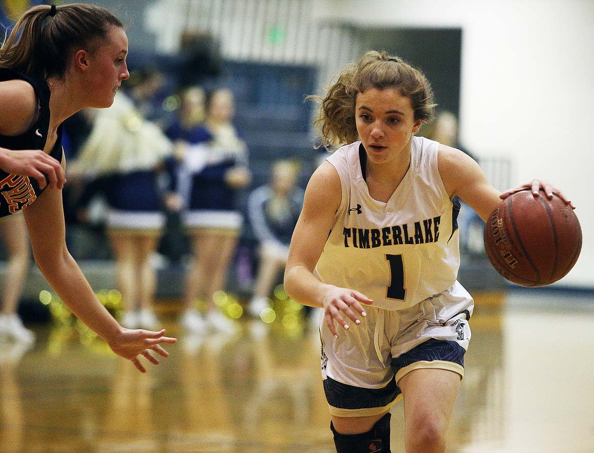 Timberlake’s Taryn Soumas dribbles the ball down the court against Priest River.