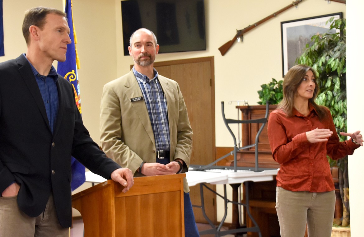 Idaho Sen. Jim Woodward, R-Sandpoint; Rep. Sage Dixon, R-Ponderay; and Rep. Heather Scott, R-Blanchard; talk to constituents at Saturday’s legislative town hall.