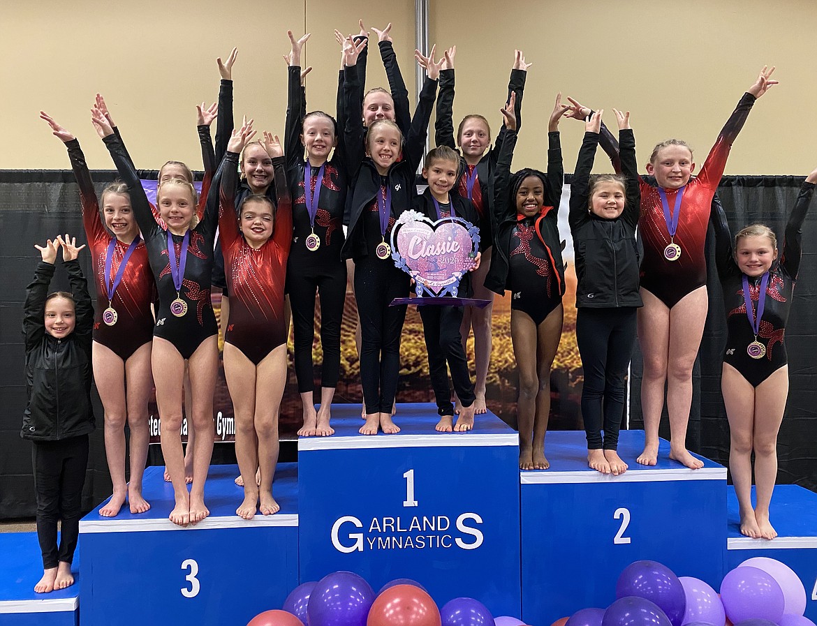 The S.T.E.P. gymnastics bronze team took first at the Wine Country Classic in Kennewick on Jan. 24-26. Pictured (from left): Mona Villelli, Irelynn Jolley, Eden Murphy, Carlee Klippel, Emma Kohal, Rhaelyn Schedlbauer, Leah Hawley, Ryan Ely, Annaliese Reiman, Vivian Schuck, Hannah Laude, Eliana Manning, Maggie Zimmerman, Caelin Varcoe and Cloie Cruse.