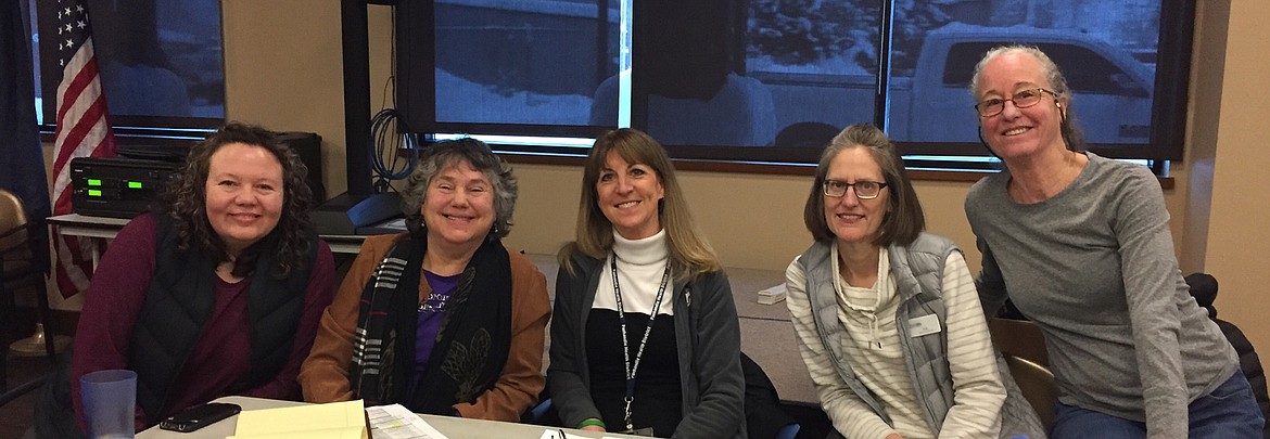 Panelists at a recent Geezer Forum on health and nutrition for a photo. Issues discussed included Bonner Community Food Bank services such as hunger relief efforts and its community garden, diabetes prevention services addressed by the Bonner County Coalition for Health, cooking and eating healthy food through Eat Smart Idaho, meals provided through SASi (Sandpoint Area Seniors, Inc.), new community gardens springing up in our area, and  Food For Our Children programs targeting childhood hunger. Pictured from left are Debbie Love, Bonner Community Food Bank; Ellen Weissman, fommer Sandpoint Area Seniors, Inc. director; Nanci Jenkins, Panhandle Health District, Bonner County Coalition for Health; Kat Anderson, Eat Smart Idaho; and Michele Murphree, Food For Our Children, Community Gardens.