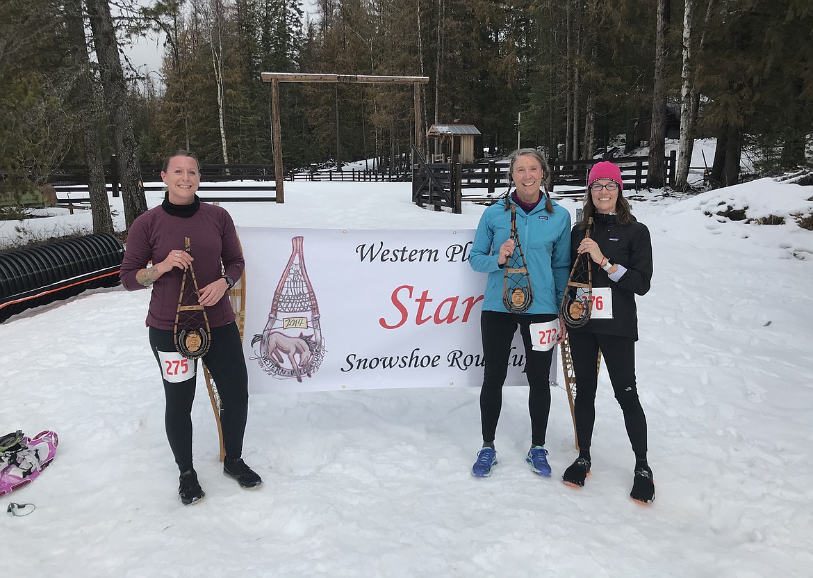 (Courtesy photo) 
 The top three finishers in the 10K women's race at the Western Pleasure Snowshoe Roundup pose for a photo after completing the course. Pictured (from left): Alicia Douglas (third), Myla Houlihan (first) and Andrea Wells (second).