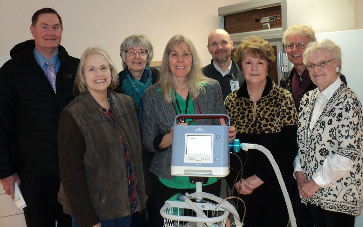 Fry Healthcare Foundation Board members received a demonstration of the new BiPap and Ventilator funded at the Festival of Hearts. From left, Kevin Callos, Vice President; Phyllis Karnes; Janis Kerby, Secretary; Patti Duscher, BCH Cardiopulmonary Manager; Preston Becker, BCH CEO; Jenny Fessler; Ed Sample; and Blanche Studer.