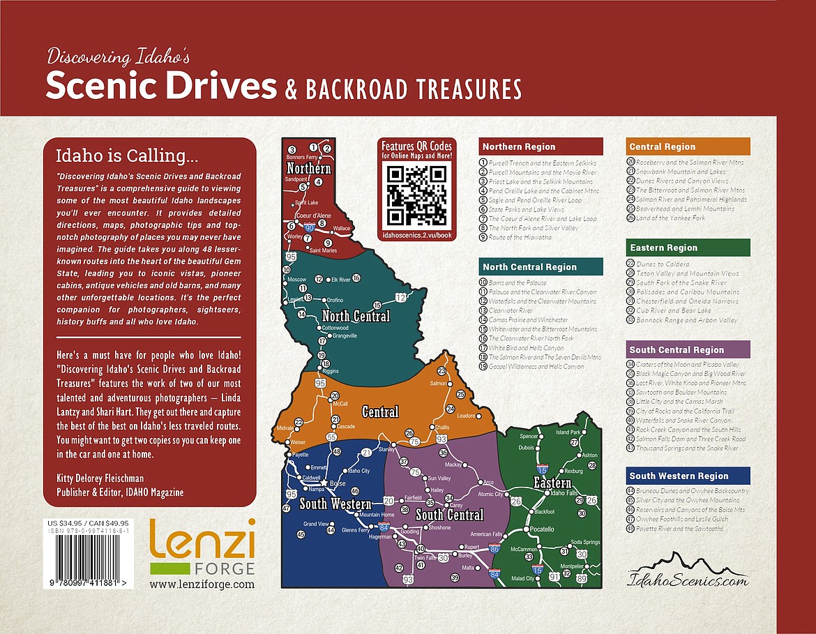 The back cover of “Discovering Idaho’s Scenic Drives and Backroad Treasures”, a new guide book by Linda Lantzy and Shari Hart. The book takes photographers, sightseers, and history buffs along 48 lesser-known routes into the heart of the Gem State.