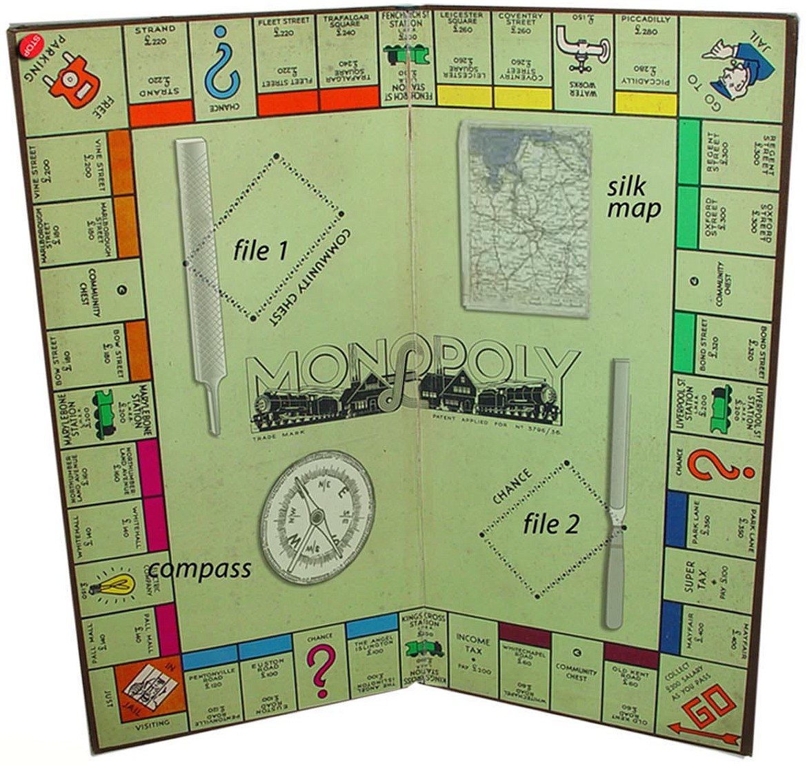 PHILIP E. ORBANES/INSIDER 
 British Monopoly board sent to Allied POW camps in Europe during World War II showing where escape materials were hidden.