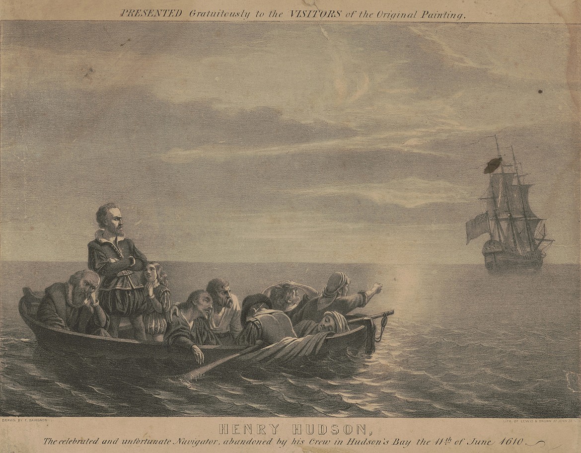 WIKIMEDIA COMMONS 
 Henry Hudson and abandoned crew watch their ship Discovery sail away, leaving them to perish in icy waters of James Bay, Canada, in 1611.