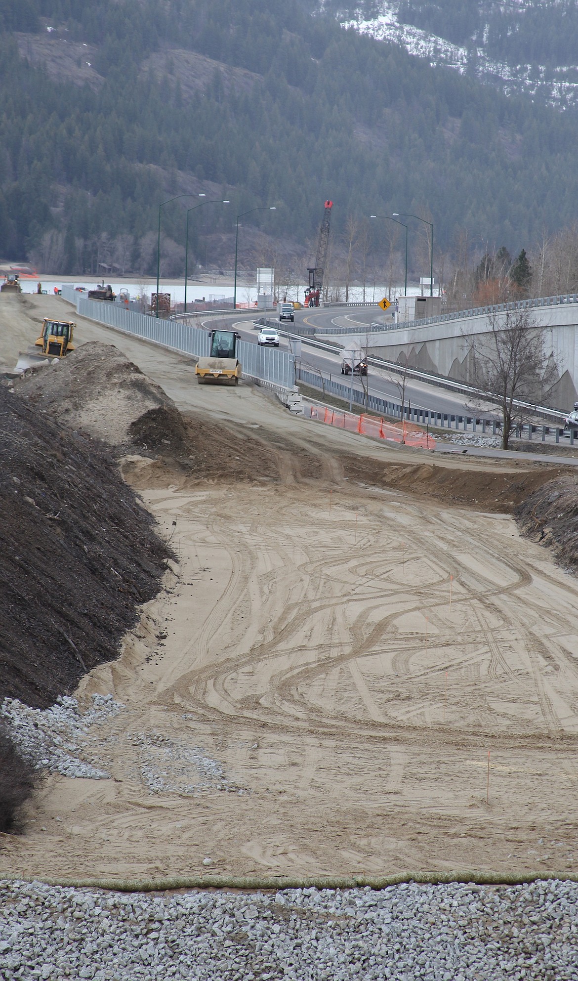 The initial phase of grading for a second BNSF Railway Co. bridge across Lake Pend Oreille is nearly complete.