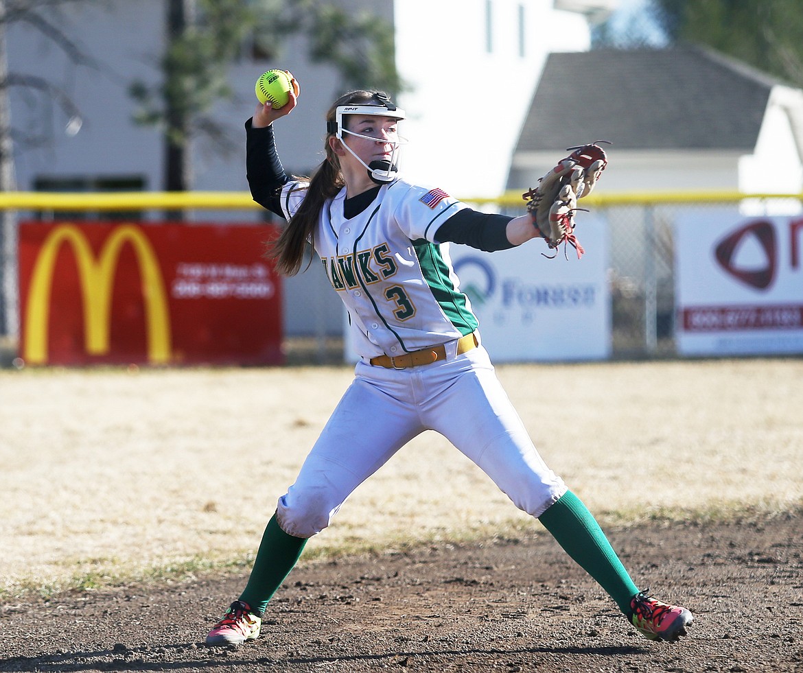 Lakeland High’s Harley See throws to first base for the out during Thursday’s game against Lewiston.