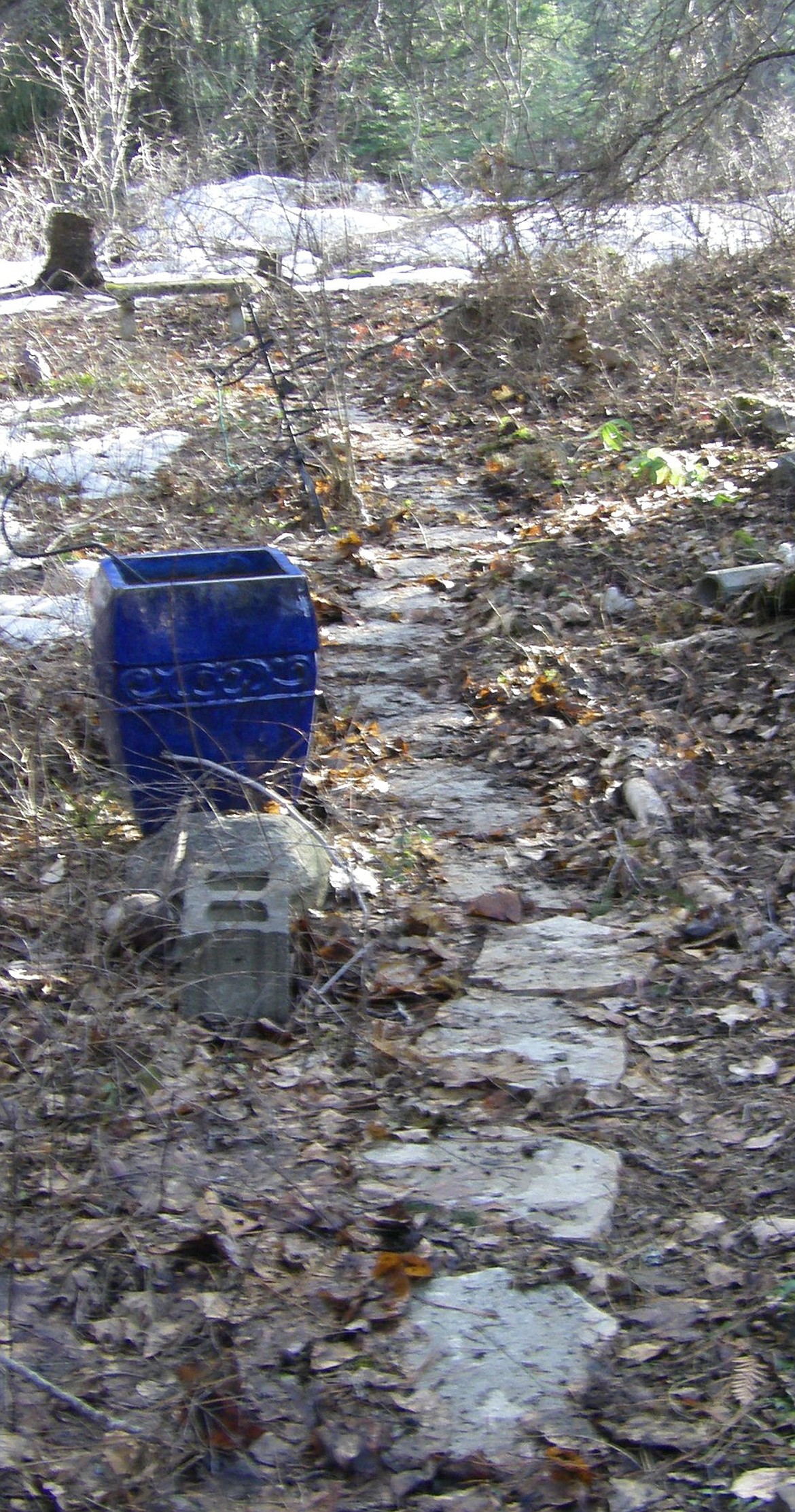 A path to nowhere as stones laid last fall await more friendly surroundings at planting time.