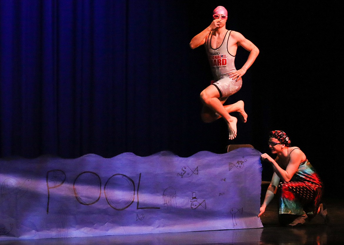 The 2020 Mr. BFHS talent routine winner, Justin Mendenhall, jumps into his “pool” to perform a solo synchronized swimming routine during the Friday, March 13, event at Bonners Ferry High School.