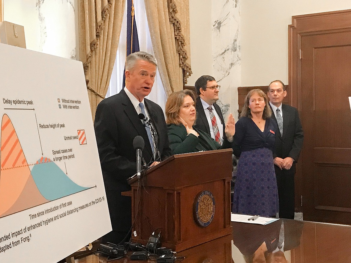 Idaho Governor Brad Little speaks to the media at an earlier press conference on the state’s effort to respond to the coronavirus pandemic.