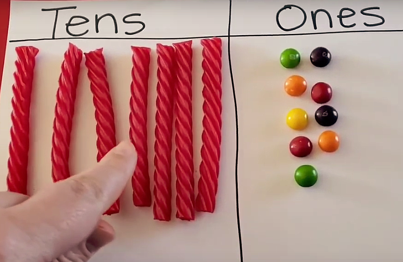 Winton Elementary School first grade teacher Kimberly Kibby shows her students how to “build numbers” during a Yummy Math lesson she uploaded to YouTube. (YouTube screenshot)