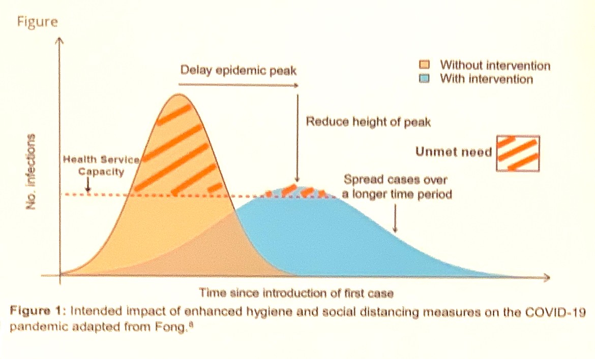 This graph, proliferated as part of an information campaign by Gov. Brad Little, shows the difference between sudden spike of infections versus a population that intentionally slows the spread of the coronavirus. "Once we cross that threshold, that's when our health care system becomes overwhelmed," Little said. (Image courtesy of the Office of the Governor)