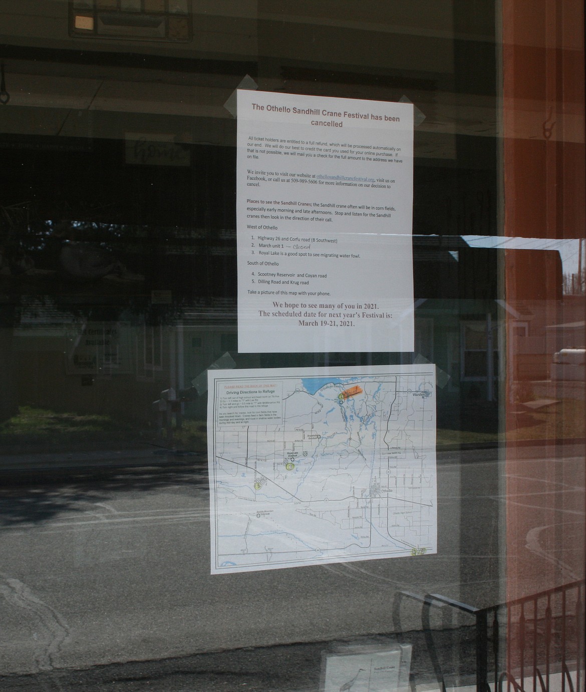 A cancellation notice and a map of good birding spots was the only thing left of the 2020 Othello Sandhill Crane Festival. The festival was canceled due to the COVID-19 outbreak.