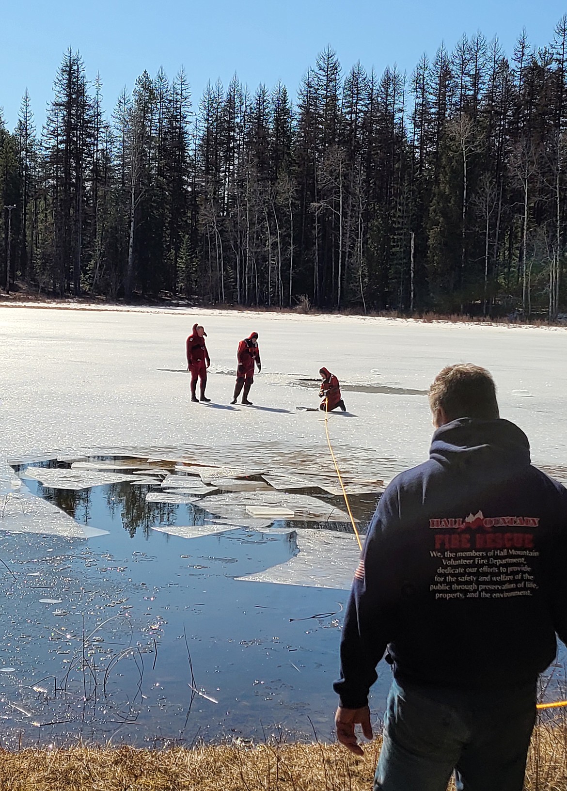 The rotten ice is unsafe, making it a perfect place for the firefighters to train.