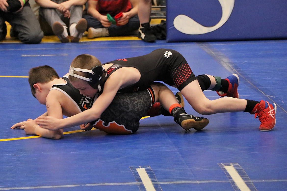 Maxx Watson completes a takedown on an opponent en route to a first place finish at the Kootenai Klassic Tournament on March 7.