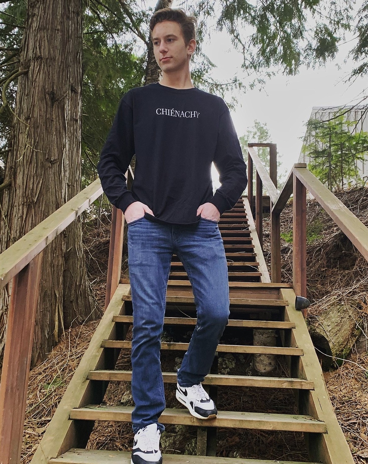 Sandpoint students Christian Story and Christian Niemela have spent the past few weeks creating a clothing company called Chienachy. Pictured above is one of the long sleeve shirts they are selling.