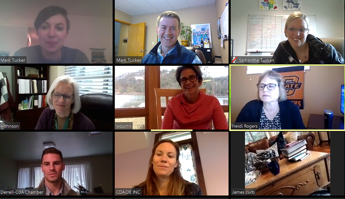 Liaisons to the Coeur d’Alene COVID-19 Relief Fund meet in a video chat Thursday afternoon to discuss plans for supporting those hit hardest by economic fallout of coronavirus. Top row, from left: Keri Stark, Mark Tucker, Samantha Tuskan. Middle row, from left: Ann Johnson, Wanda Quinn, Heidi Rogers. Bottom row, from left: Derrell Hartwick and Rebecca Smith. Not visible, bottom right: James Curb.