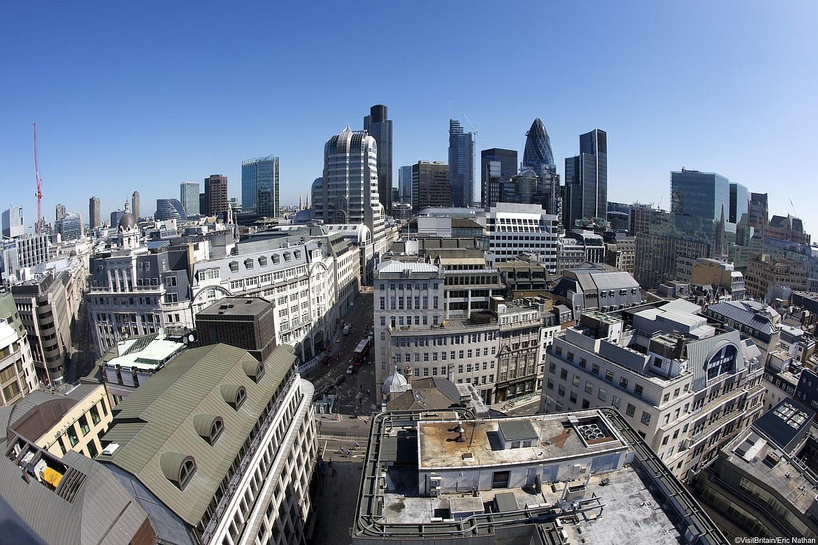 ERIC NATHAN/VisitBritain 
 View from the top of Monument to the Great Fire of London near Pudding Lane where the fire of 1666 is believed to have started.