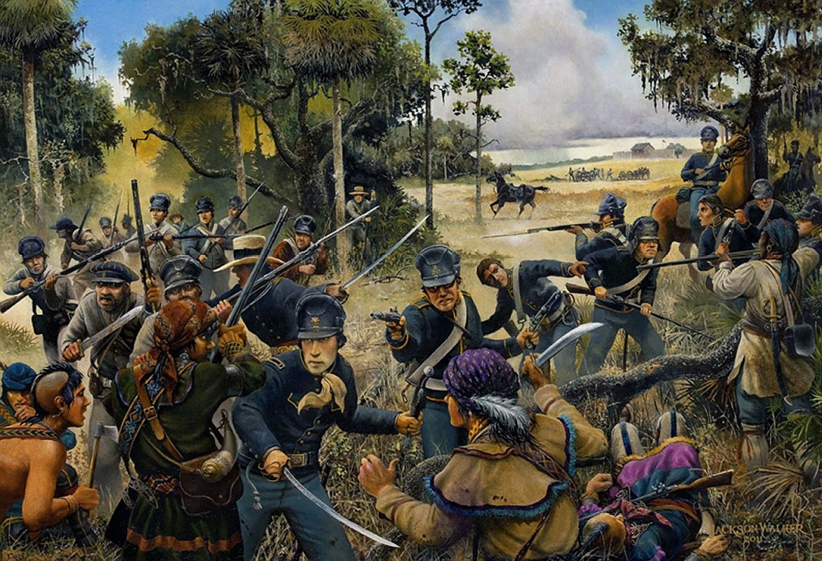 COURTESY MICANOPY HISTORICAL SOCIETY
“Charge With Every Man” painting of Battle of Micanopy, Second Seminole War (June 9, 1836) by Jackson Walker. On Dec. 28, 1835, Major Francis Dade and 110 soldiers were taking supplies to Fort King (near today’s Ocala, Fla.) and massacred by 180 Seminole Indians triggering the Second Seminole Indian War.