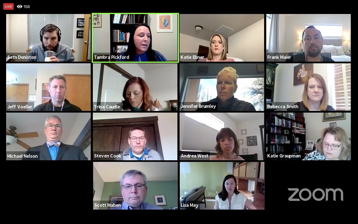 Coeur d’Alene School District officials and trustees met via video conference for Monday’s board meeting. Top row, from left: Seth Deniston, Tambra Pickford, Katie Ebner, Frank Maier. Second row, from left: Jeff Voeller, Trina Caudle, Jennifer Brumley, Rebecca Smith. Third row, from left: Michael Nelson, Steve Cook, Andrea West, Katie Graupman. Bottom row: Scott Maben and Lisa May.