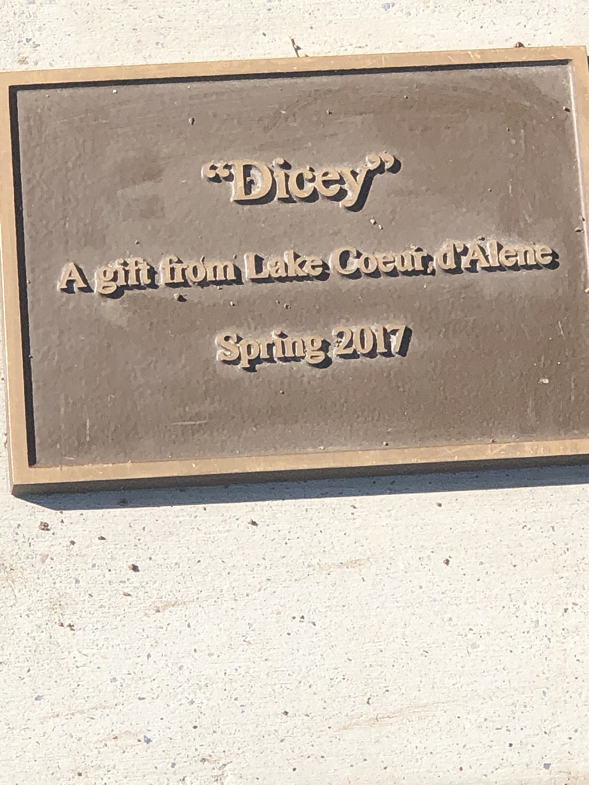 A plaque commemorates “Dicey” and its discovery along City Beach three years ago. The reclaimed and repurposed sculpture now sits along Independence Point. (MIKE PATRICK/Press)