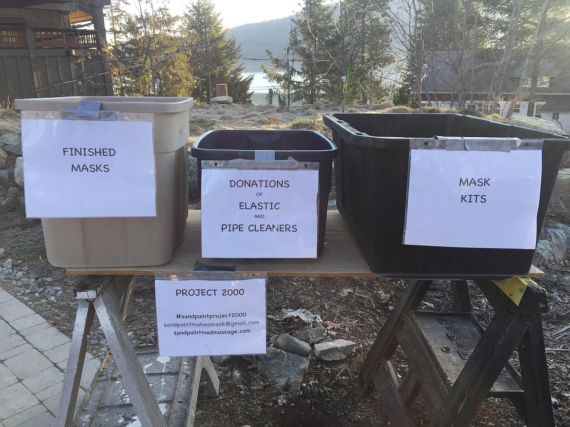 (Courtesy photo) 
 Bins for mask kits, donations and finished masks sit outside the home of Sandpoint Rotary member Bev Kee. The club recently launched Project 2000 — an effort to get 2,000 masks into the hands of the community's frontline workers.