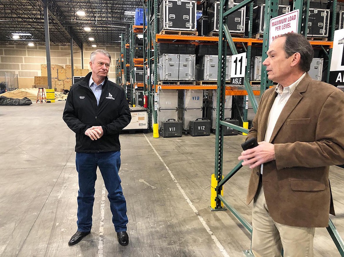 (Courtesy photo) 
 Governor Brad Little visited the staging area in Boise on Tuesday where Idaho is accepting and distributing hundreds of thousands of medical supplies provided by private donors, the federal government and other sources.