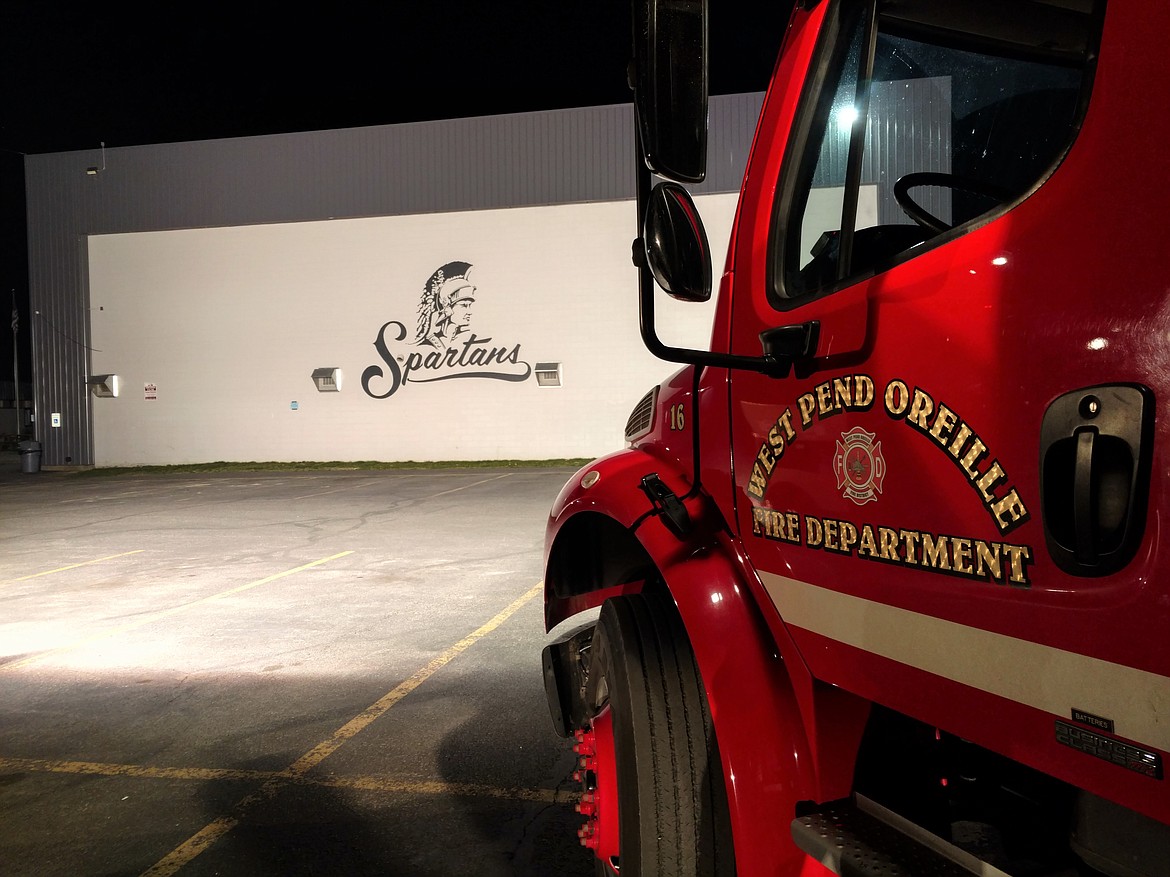 (Courtesy photo) 
 The West Pend Oreille Fire Department helped illuminate the Spartans logo on the high school for the "Be the Light" event last Friday.