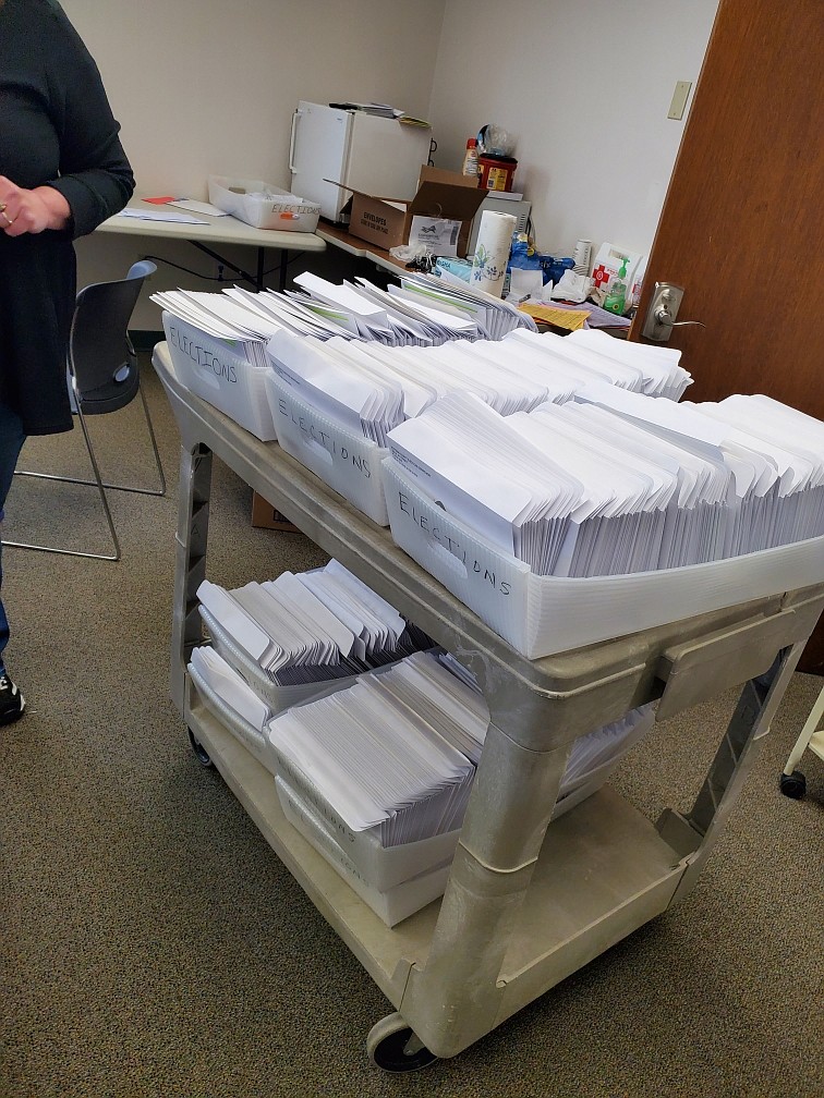 The Kootenai County Elections Office has mailed out more than 11,000 absentee ballots, with still a month before the May 19 primary election. This rolling cart holds just the outgoing absentee ballots prepared Friday, from 8 am to 2 pm. "It's unheard of," Elections Office manager Shelly Amos told The Press. (Courtesy of Shelly Amos)