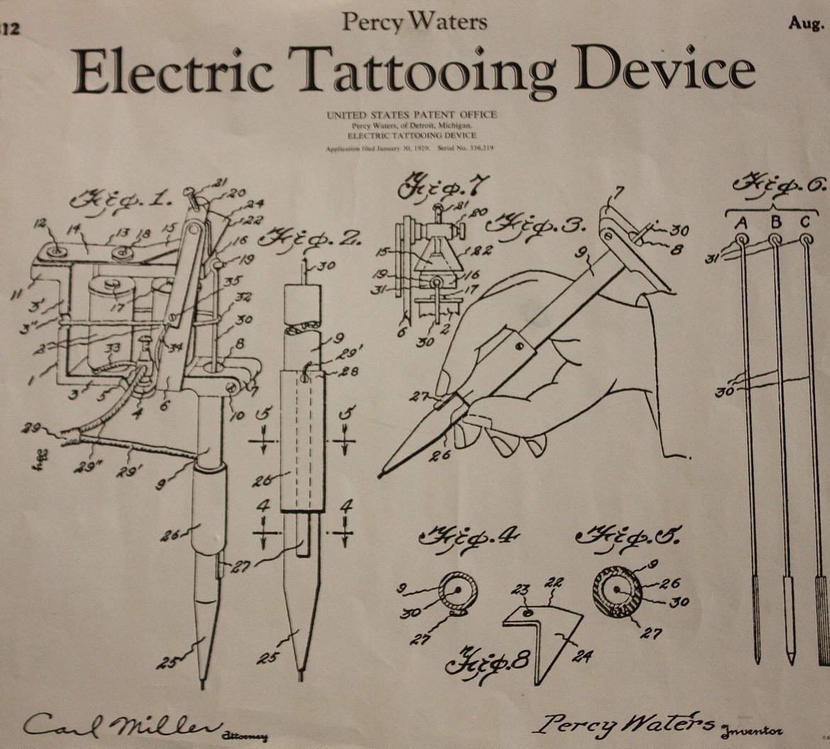 Patent for Percy Waters’ tattoo machine dated to 1929, featured in the Northwest Tattoo Museum.