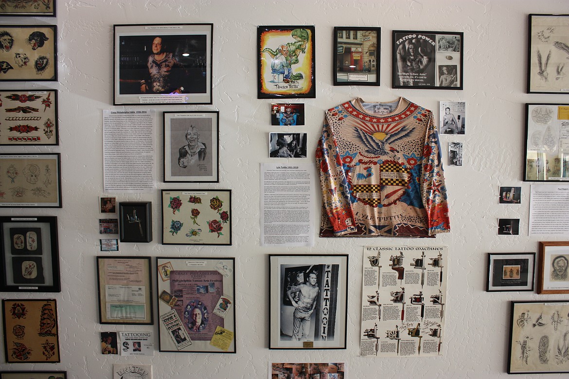 Wall display for 20th century tattoo masters Philadelphia Ed and Lyle Tuttle.