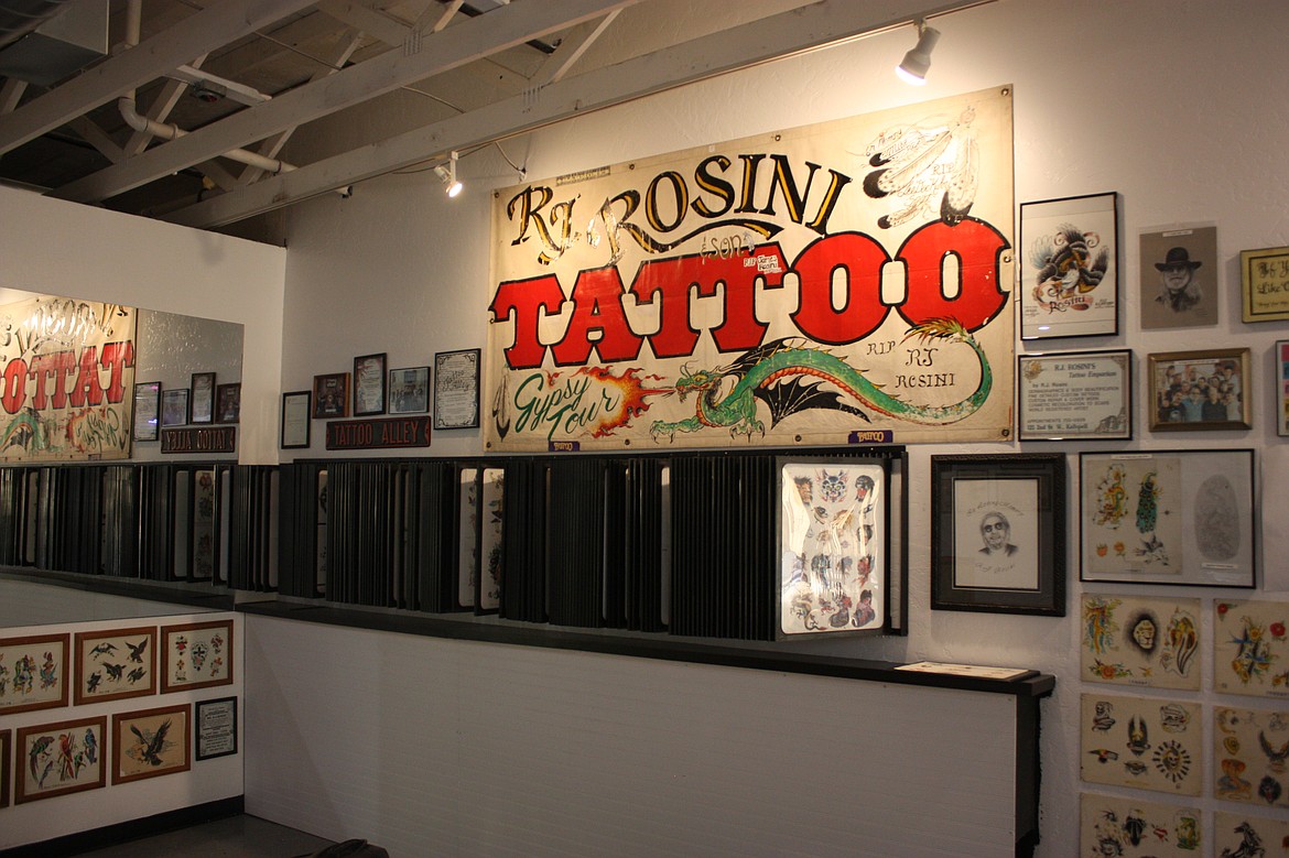 Display honoring great tattooist RJ Rosini, with whom Brown enjoyed a father-son relationship. Brown referred to him as “the old man” and named the active tattooing part of his business Rosini and Brown in his honor.