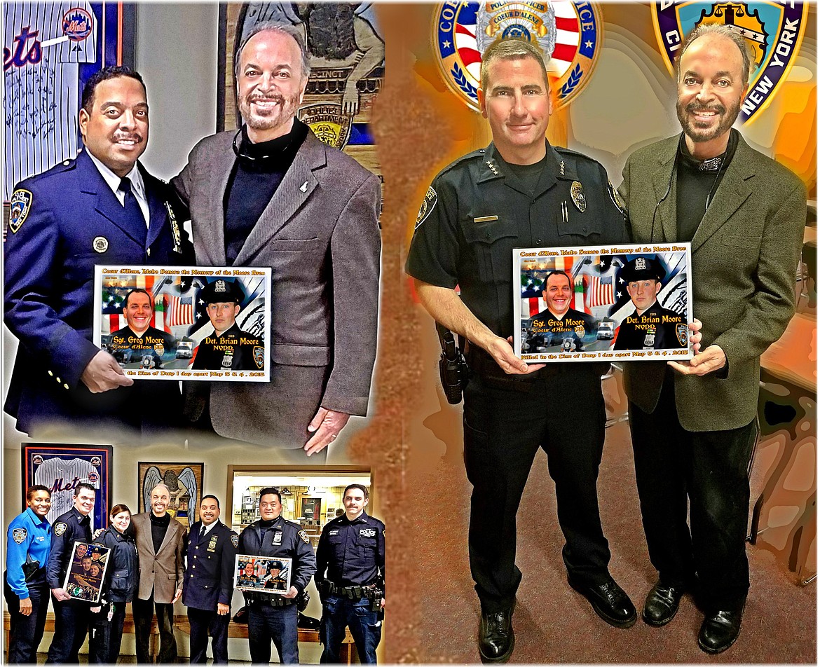 Alan Golub of Hayden in this digital menagerie poses with chiefs of police in New York (left) and with Coeur d’Alene Chief of Police Lee White.
Alan Golub