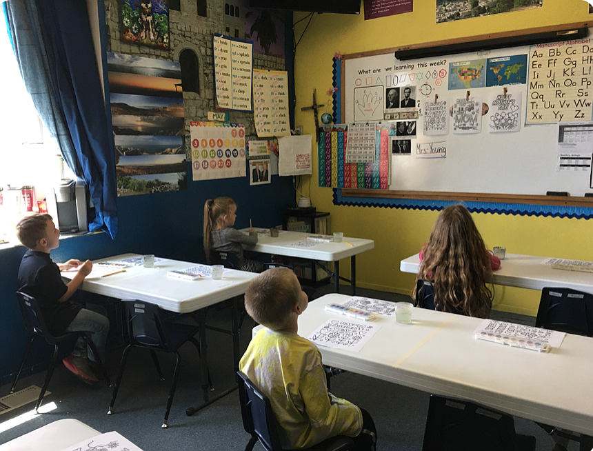 Kindergartners enjoy being back in class at Cornerstone Christian Academy on Friday. The small Post Falls school welcomed its students back this week, holding staggered sessions and keeping to strict health protocols. (Courtesy photo)