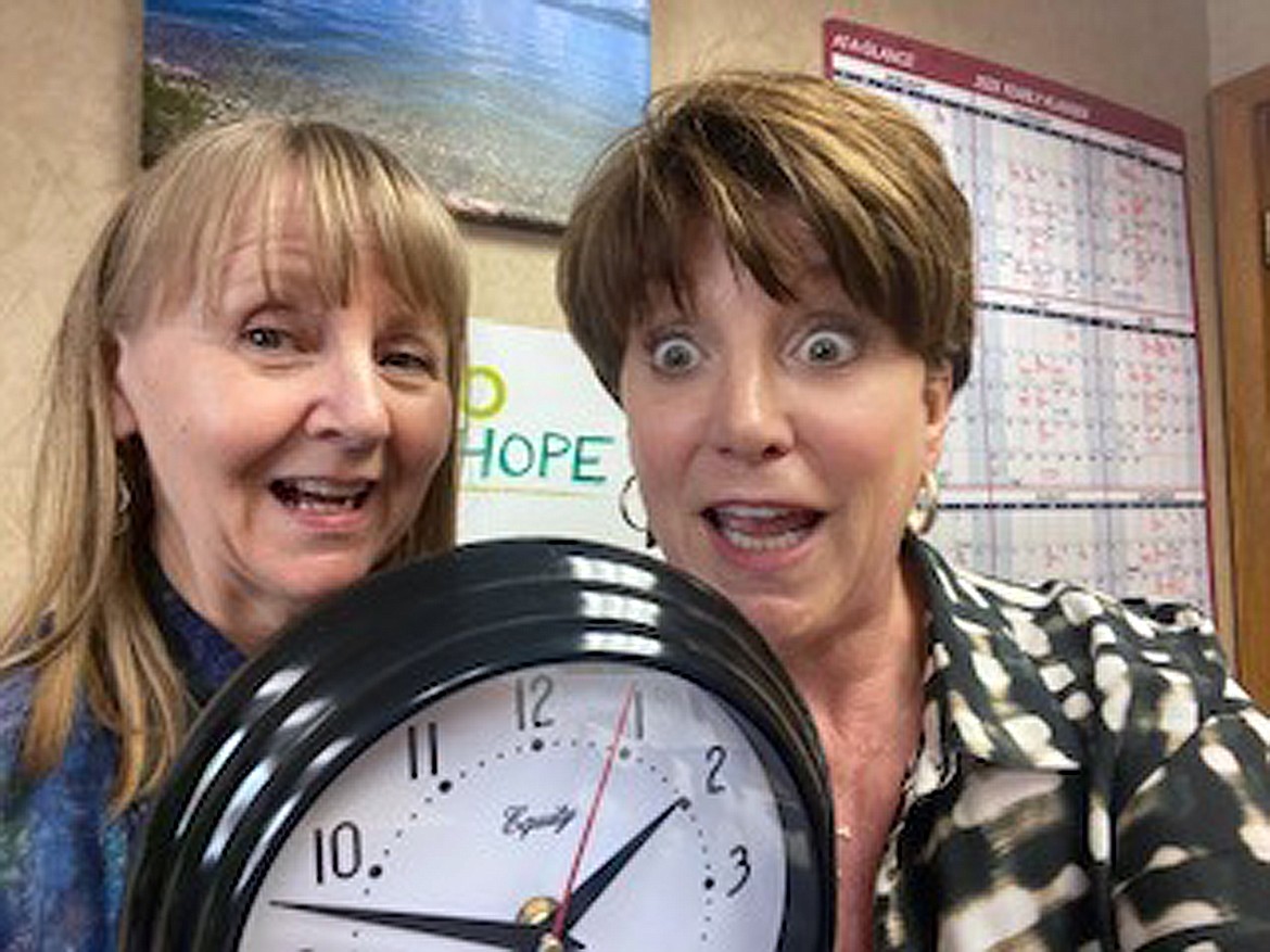 Jackie Carter, lead connection specialist at Sandpoint Community Envision Center, and Linnis Jellinek, executive director, take a photo to encourage last-minute donations to the nonprofit as part of a recent annual Idaho Gives campaign.