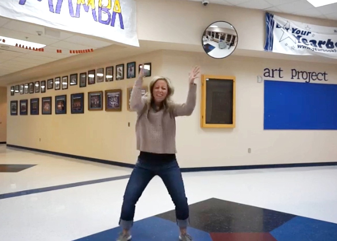 Clockwise from top left, Bonners Ferry High School counselor Jenny Mackey; trio Bailey Cavender (keyboard), Jessica Vineyard (guitar), and Josh Knaggs; Diane Niewieroski; and BFHS principal Gina Brown perform to a 1970s song in one of three lip-sync videos the staff created to let students know they were thinking about them.