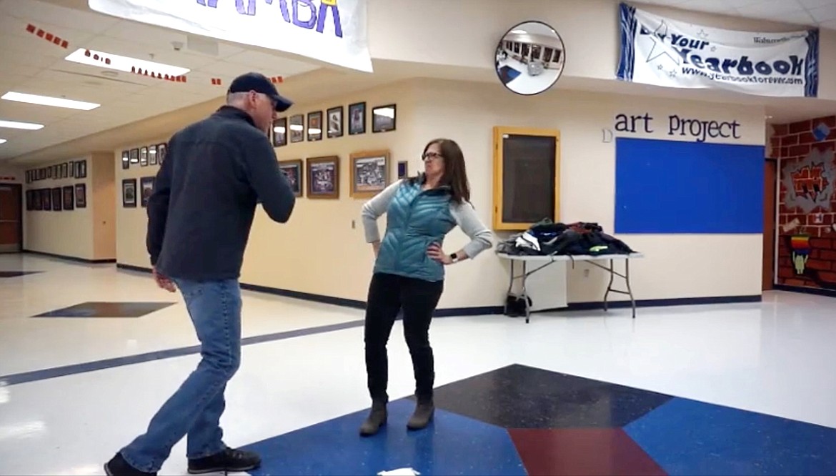 (Screenshot courtesy PAUL BONNELL/BONNERS FERRY HIGH SCHOOL)
Theron and Judy perform to a ‘70s song in one of three lip-sync videos the Bonners Ferry High School staff created to let students know they were thinking about them.