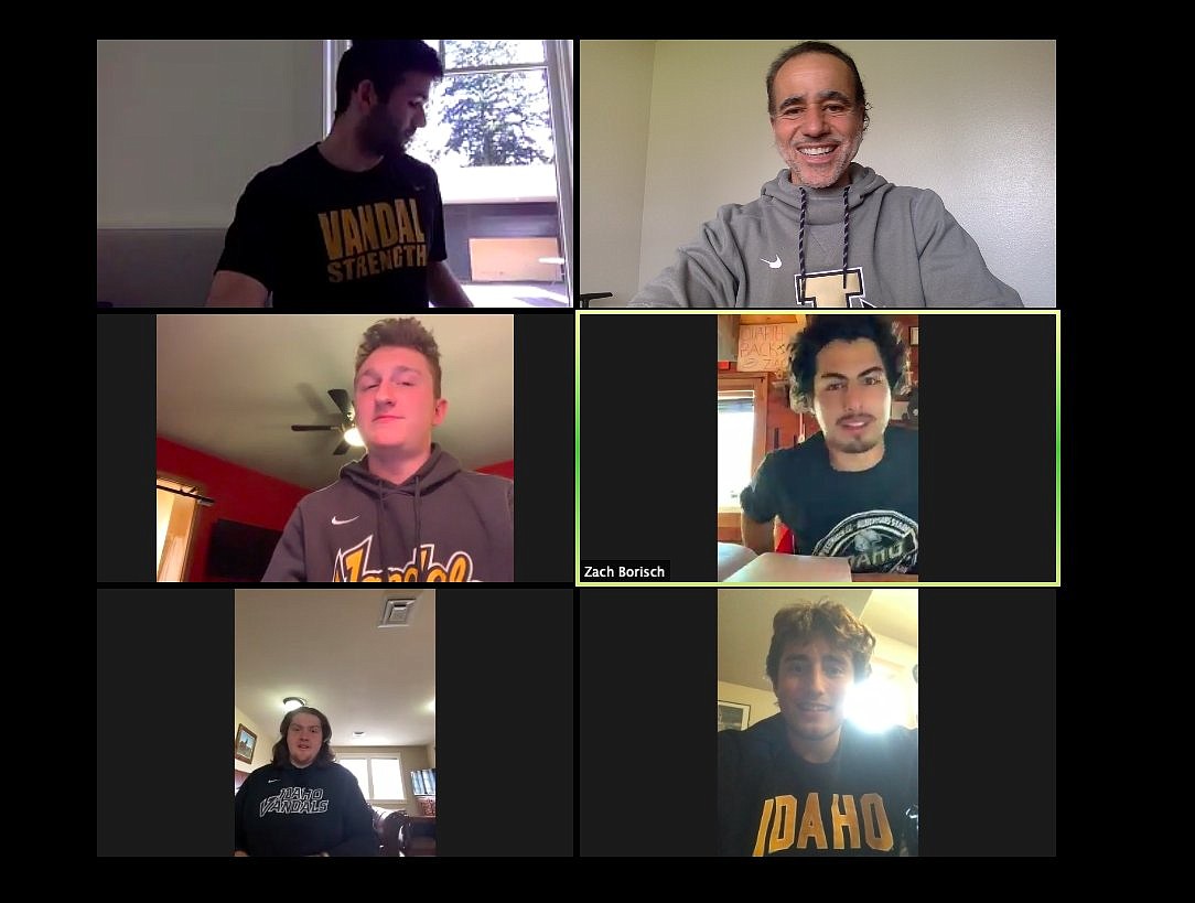 Vandal quarterbacks meet with UI quarterbacks coach Charley Molnar (upper right) via the Zoom app. Clockwise from Molnar are Zach Borisch, Carter Friesz, Colton Richard-son, Nate Cisco and Nikhil Nayar.