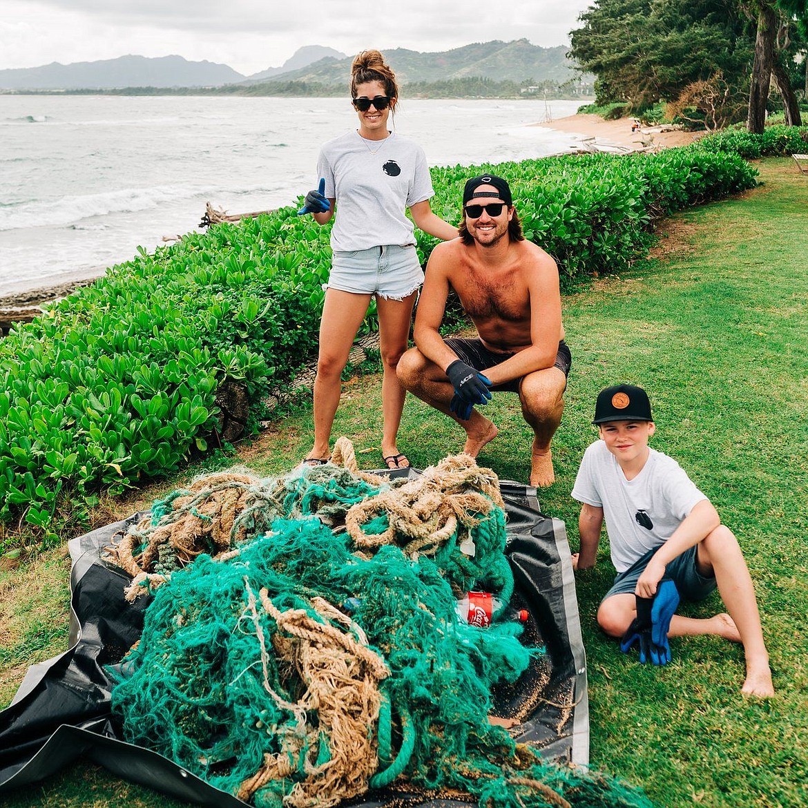 On a camping trip to Kauai last December, the Cederbloms and friends gathered more than 400 pounds of fishing debris. Pictured is Savannah McVay, Clint Crow and Landon Cederblom. “I’m trying to show him that not only do we have to take care of our hometown but we have to take care of the places we go as well,” said Weston Cederblom. (Courtesy photos)