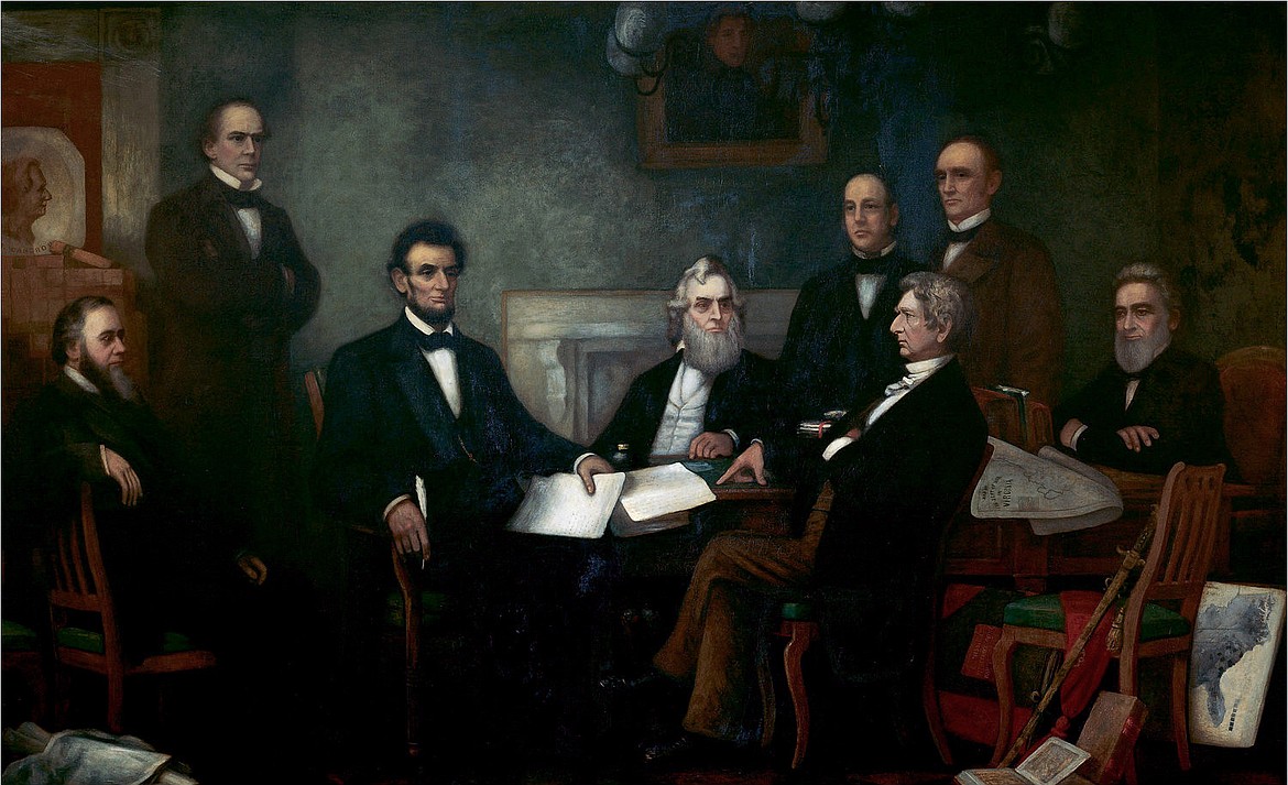 WIKIMEDIA COMMONS 
 President Lincoln authorized William H. Seward to start negotiations to buy Alaska, both shown in this painting by Francis Bicknell Carpenter (1830-1900) of Seward sitting across the table from Lincoln at the first reading of Emancipation Proclamation (1864); the sale completed under President Buchanan in 1867.