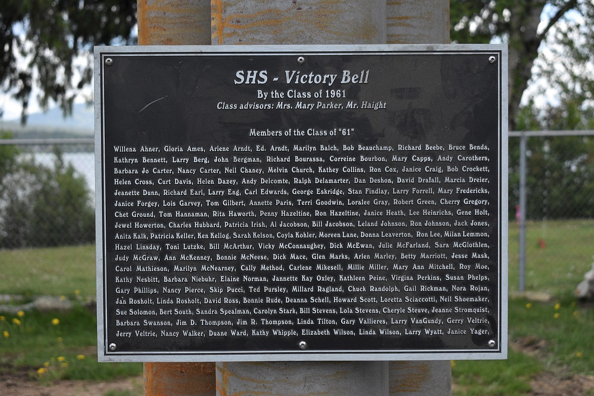 (Photo by DYLAN GREENE)
This plaque on the base of the pole holding the victory bell has the name of every member of the SHS class of 61’ on it and it was made by Jim Thompson.
