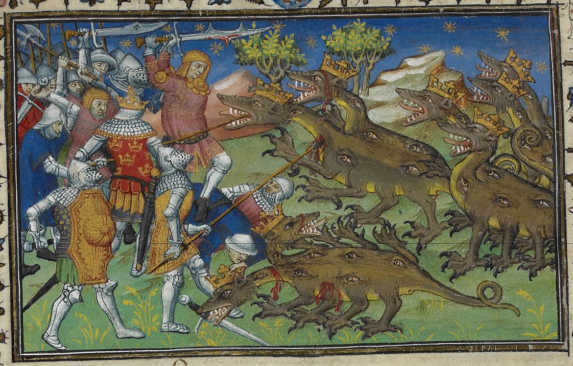 Alexander the Great slaying dragons, miniature artwork from medieval manuscript.