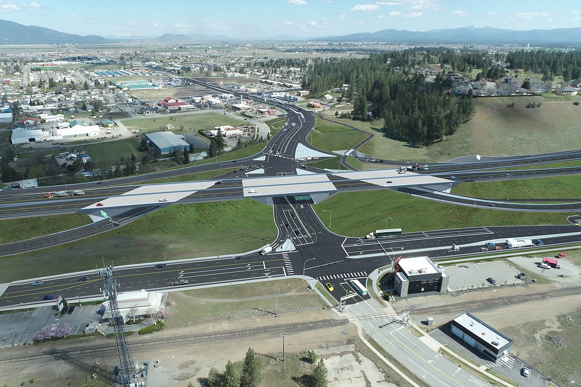 An aerial view of the I-90 and ID-41 interchange design by Idaho Transportation Department engineers shows a single-point urban interchange (SPUI), also pronounced “spooey.” The design will increase traffic capacity and safety at the congested interchange in Kootenai County.